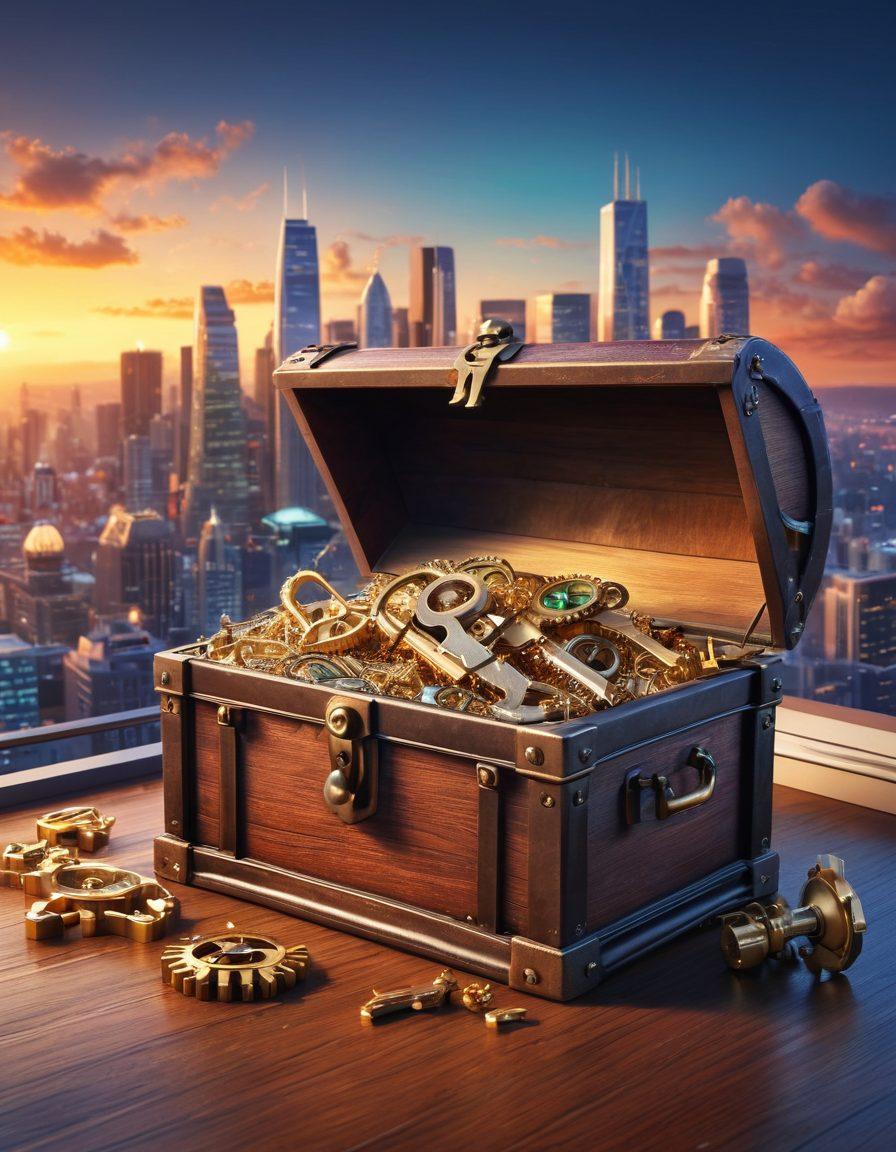 A stylized key unlocking a treasure chest filled with symbols of success like charts, light bulbs, and gears, set against a backdrop of a modern city skyline. The scene should convey innovation and strategic thinking, with vibrant colors highlighting the key elements of advisory and management consulting. super-realistic. vibrant colors. 3D.