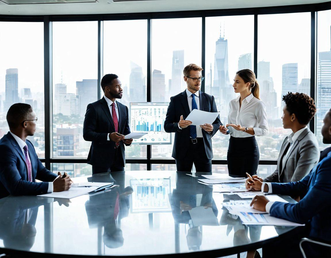 A professional consultant discussing strategies with a diverse group of business professionals in a modern conference room. Include a large glass window showing a city skyline, charts and graphs on a digital screen, and notes scattered on a sleek table. The atmosphere should radiate collaboration and innovation. super-realistic. vibrant colors. white background.
